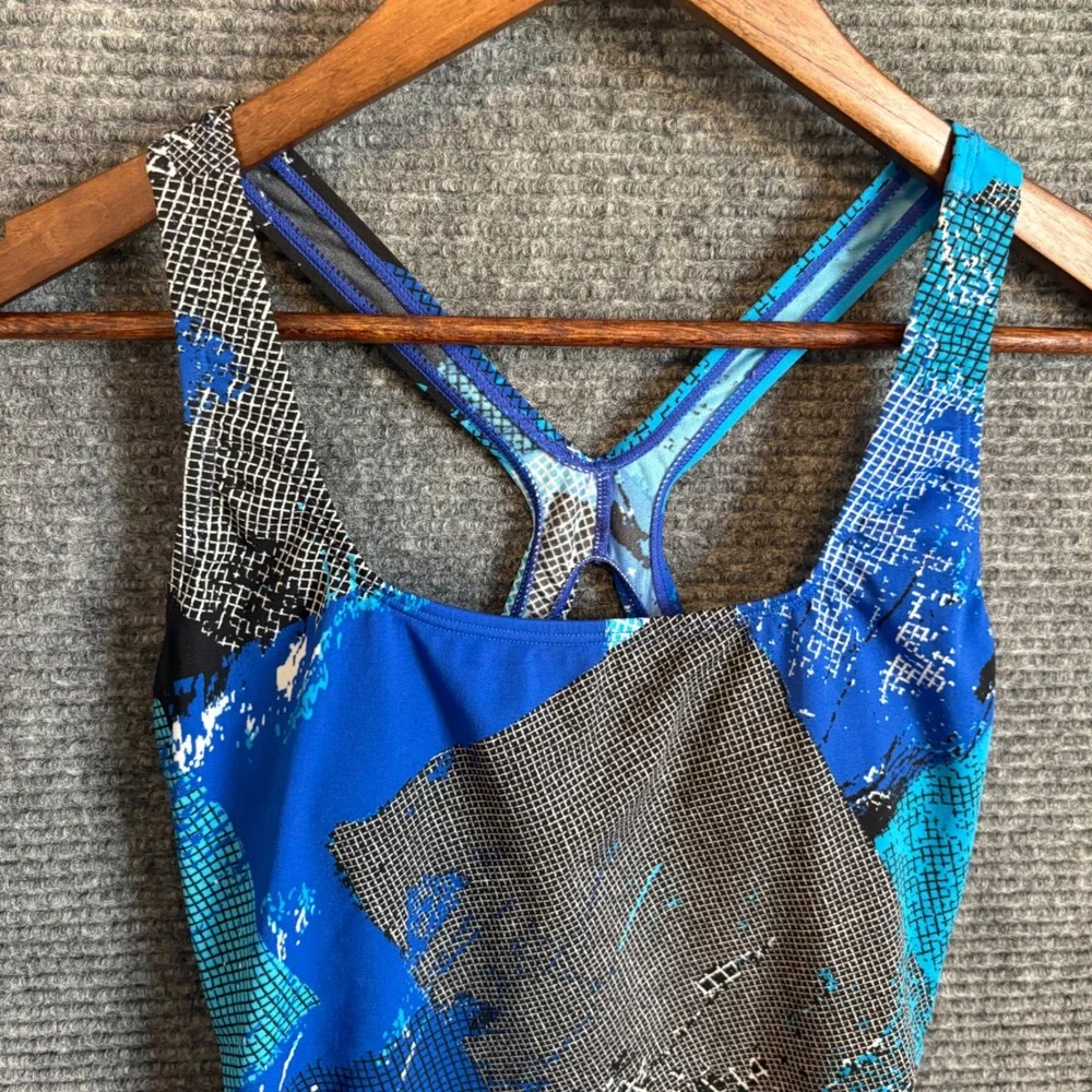 Speedo Endurance+ One Piece Swimsuit Blue Black Abstract Geometric Print Size 10